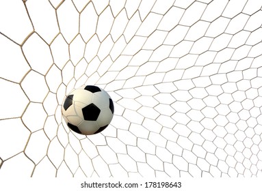 Soccer Ball In The Net On A White Background