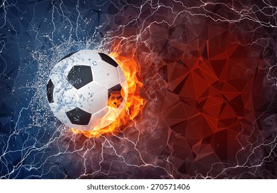 Soccer ball on fire and water with lightening around on abstract polygonal background. Horizontal layout with text space.