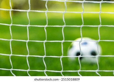 soccer ball on grass field behind goal net - Powered by Shutterstock