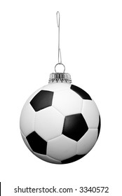 Soccer Ball Ornament On A Metal Hook Isolated Over White