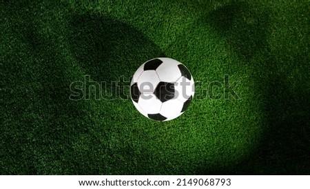 Soccer ball placed on grass, top shot, situated in the centre.