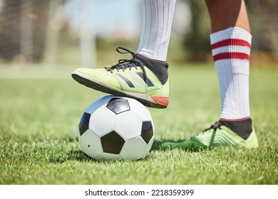 Soccer Ball, Soccer Player Shoes And Foot On Field To Kick Off, Competition Games And Sports Training On Stadium Grass Pitch. Football Player Feet, Man Athlete Action And Power To Score Goals On Turf