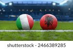 Soccer Balls with Italy and Albania Flags on Grass Field – European Football Championship 2024 in Germany
