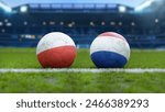 Soccer Balls with Poland and Netherlands Flags on Grass Field – European Football Championship 2024 in Germany
