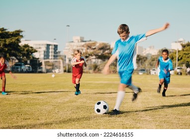 Soccer, boys running and kicking ball on field in summer, motivation and sports workout goals. Football, teamwork and growth, children playing game on grass soccer field in urban park with kids team. - Powered by Shutterstock