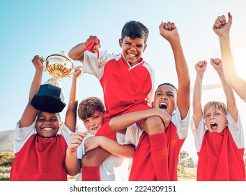 Soccer, celebration and kids team with trophy on soccer field, happy and excited at winning game. Sports, boy children goal and success in teamwork at football with gold medal award with winner smile - Powered by Shutterstock