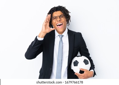 Soccer Coach Over Isolated White Background Shouting With Mouth Wide Open