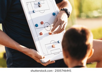 Soccer coach use strategy whiteboard at practice. Trainer using white soccer tactics board. Youth soccer team before the final game. Football match for children. Football soccer game - Powered by Shutterstock