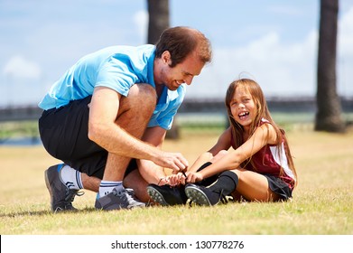 Soccer Dad And Daughter Practicing In The Field Healthy Sporty Lifestyle