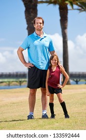 Soccer Dad And Daughter Practicing In The Field Healthy Sporty Lifestyle