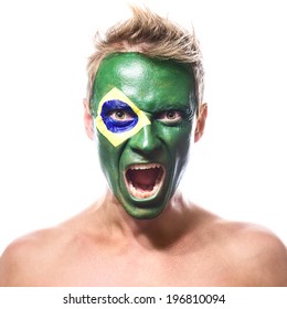 Soccer Fan With Brazil Flag Painted Over Face