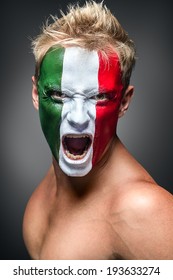 Soccer Fan With Italian Flag Painted Over Face