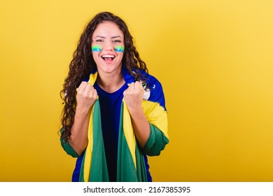 Soccer Fan Woman, Brazil Fan, Holding Flag And Cheering