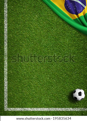 Soccer field with ball and flag of Brazil