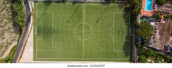 Soccer Field In The Countryside, Aerial View From Drone.