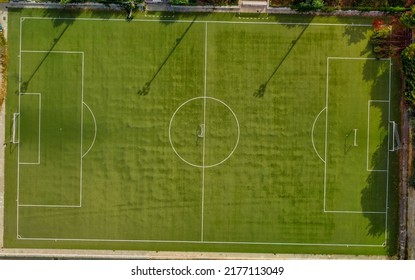 Soccer Field In The Countryside, Aerial View From Drone.