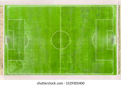 Soccer Field With Lines On Grass. Real Football Field Aerial View. Empty Stadium Without People