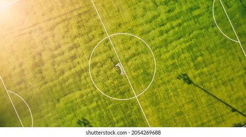 Soccer field as seen from a flying drone. High viewpoint