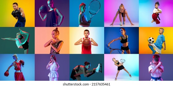 Soccer football, basketball, taekwondo, boxing, gymnastics and tennis. Collage of different little sportsmen in action and motion isolated on multicolored background in neon. Flyer. Sport for kids - Powered by Shutterstock