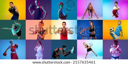 Soccer football, basketball, taekwondo, boxing, gymnastics and tennis. Collage of different little sportsmen in action and motion isolated on multicolored background in neon. Flyer. Sport for kids