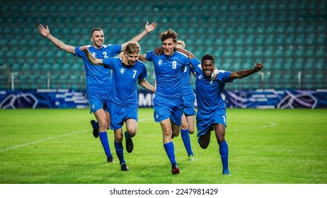 Soccer Football Championship: Blue Team Forward Attacks and Scores Goal, Win the Match, Players Happy, Celebrate Victory, Win Tournament. Sport Channel Broadcast Television Concept. - Powered by Shutterstock