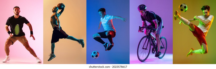 Soccer football, cycling, basketball and tennis. Collage of different professional sportsmen in action and motion isolated on multicolored background in neon. Flyer. - Powered by Shutterstock