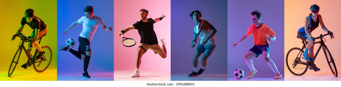 Soccer football, cycling, tennis athletics. Collage of professional sportsmen in action and motion isolated on multicolored background in neon light. Flyer. Advertising, sport life concept - Shutterstock ID 1996388591