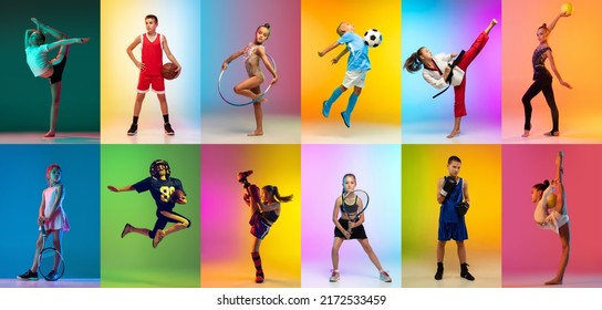 Soccer Football, Cycling, Tennis Athletics. Group Of Professional Sportsmen And Kids With Sport Equipment Isolated On Multicolored Background In Neon Light. Flyer. Advertising, Sport Life Concept