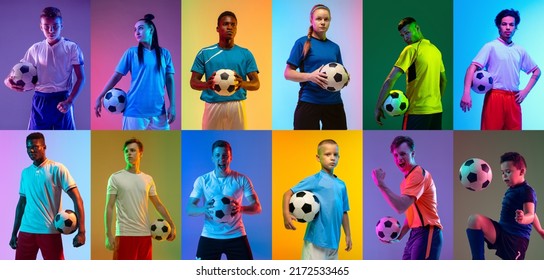 Soccer football, cycling, tennis athletics. Group of professional sportsmen and kids with sport equipment isolated on multicolored background in neon light. Flyer. Advertising, sport life concept