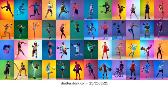 Soccer football, cycling, tennis athletics. Group of professional sportsmen and kids with sport equipment isolated on multicolored background in neon light. Flyer. Advertising, sport life concept - Shutterstock ID 2172533521