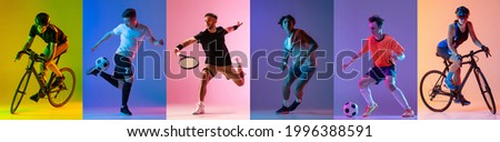 Soccer football, cycling, tennis athletics. Collage of professional sportsmen in action and motion isolated on multicolored background in neon light. Flyer. Advertising, sport life concept Foto d'archivio © 