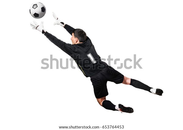 白い背景にサッカーやサッカーのゴールキーパーがボールを捕まえる の写真素材 今すぐ編集