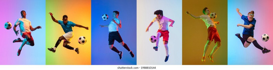 Soccer football for man and woman. Collage of different professional male and female sportsmen in action and motion isolated on multicolored background in neon light. Flyer. Advertising concept - Shutterstock ID 1988810144