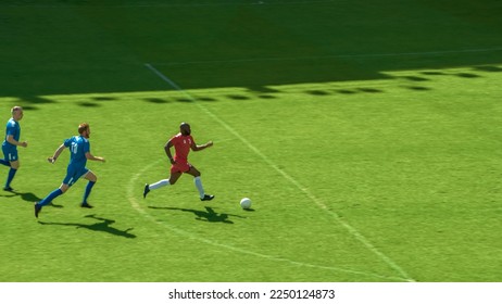 Soccer Football Match Event on a Major World Championship: Black Forward Attacks, Playing Pass, Dribbling. International Tournament Cup. Live Sport Channel Broadcast Television Concept. - Powered by Shutterstock