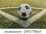soccer Football on Corner kick line of ball and a soccer field , football field , background texture