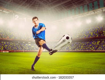 soccer or football player is kicking ball on stadium, warm colors toned