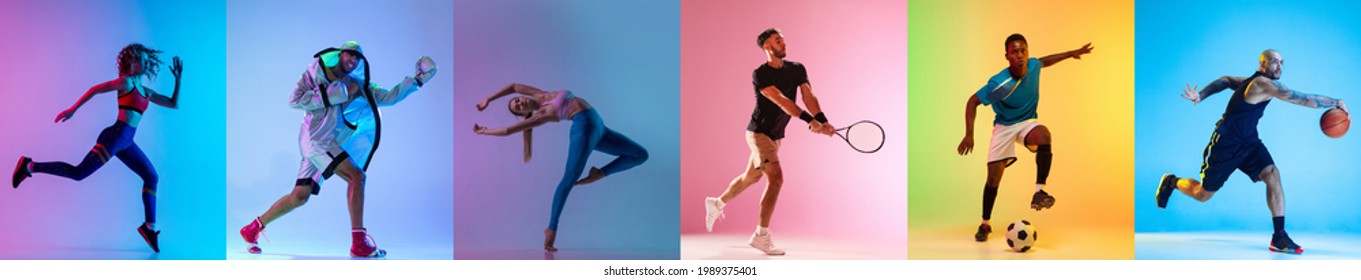 Soccer football, running, fitness, gymnastics, basketball, boxing and tennis. Collage of different professional sportsmen in action and motion isolated on multicolored background in neon. Flyer for ad - Powered by Shutterstock