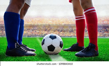 Soccer Football Standing For Start Kick Off The Game In The Stadium