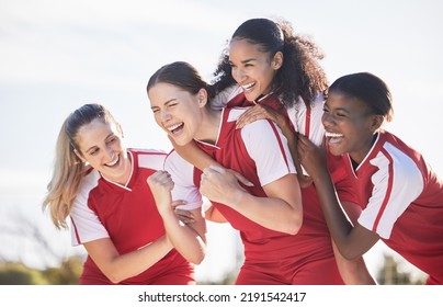 Soccer, Football Or Team Sports For Cheering, Celebrating Or Winning Team After Scoring Goal In Match, Game Or Championship. Diverse Group Of Fit, Active And Athletic Girls, Women Or Excited Friends