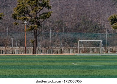 Soccer goal on edge of field at local public park.
