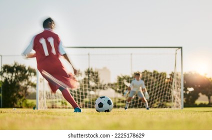 Soccer, goal post and ball, soccer player running and kicking to score goals, motivation on grass soccer field. Sports, health and fitness exercise training for football game in summer competition. - Powered by Shutterstock