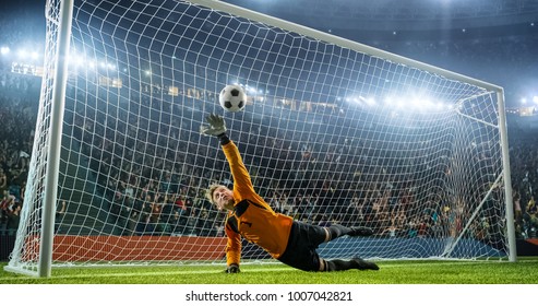 Soccer Goalkeeper In Action On The Soccer Stadium. He Wear Unbranded Sports Clothes. Stadium And Crowd Made In 3D.