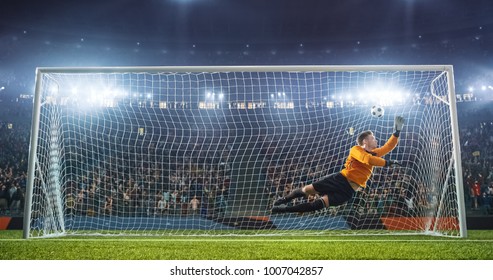 Soccer Goalkeeper In Action On The Soccer Stadium. He Wear Unbranded Sports Clothes. Stadium And Crowd Made In 3D.