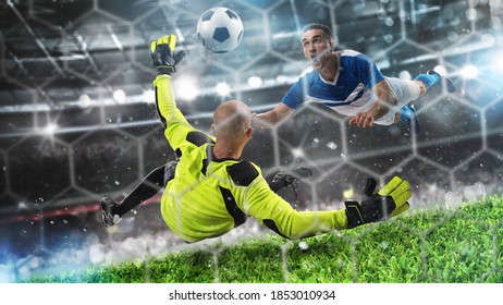 Soccer Goalkeeper Against The Striker Trying To Score A Goal