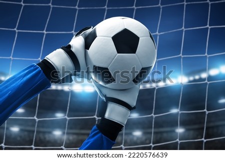 Soccer goalkeeper catches ball in the stadium