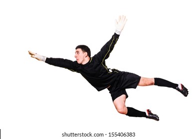 Soccer Goalkeeper Is Catching A Ball, Isolated On White Background