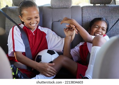 Soccer, Happy Girls And Travel In Car To Competition, Match Or Game In Suv Or Van. Comic, Transport And Young Playful Kids Or Children Traveling In Vehicle For Football Practice, Exercise Or Workout.