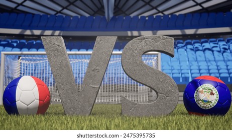 A soccer match between France and Belize is symbolized by two soccer balls with their national flags and a large vs on a stadium field - Powered by Shutterstock