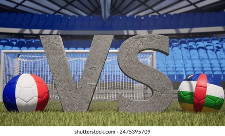 A soccer match between France and Central African Republic is symbolized by two soccer balls with their national flags and a large vs on a stadium field - Powered by Shutterstock