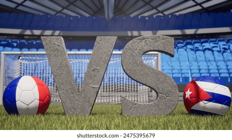 A soccer match between France and Cuba is symbolized by two soccer balls with their national flags and a large vs on a stadium field - Powered by Shutterstock